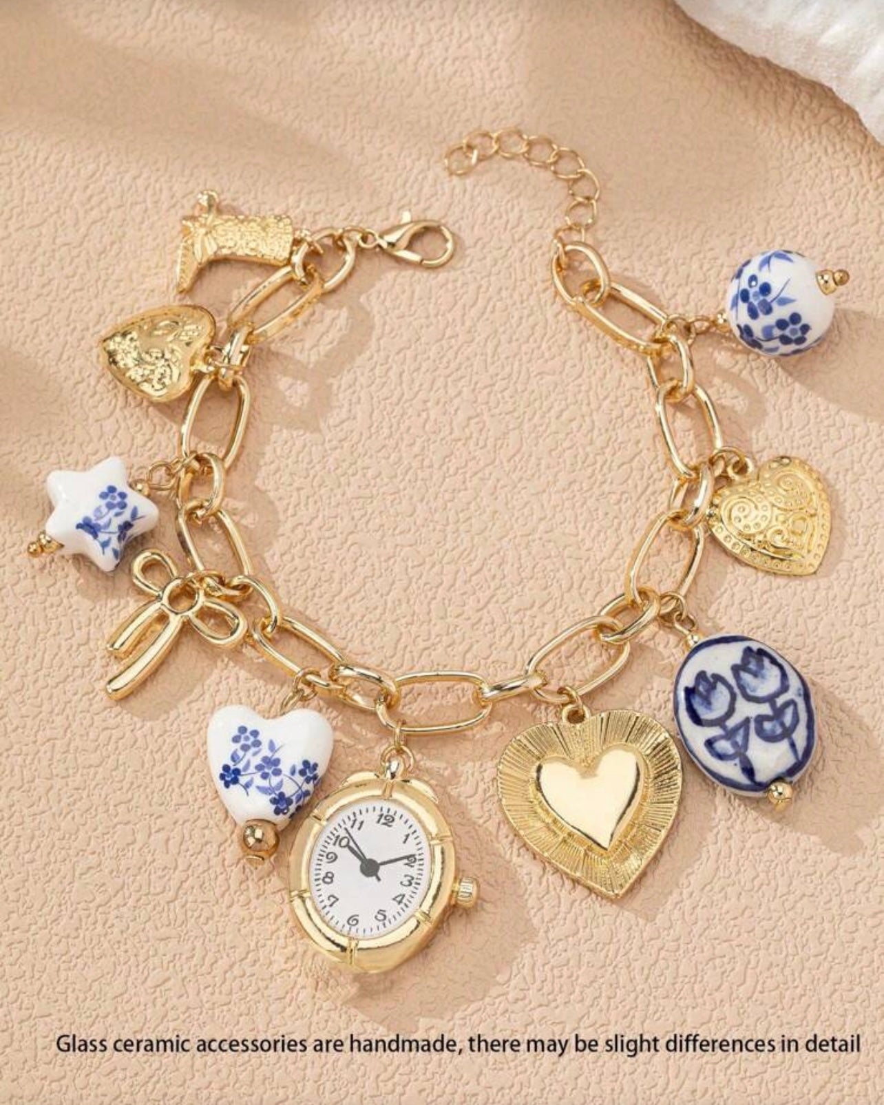 Vintage Blue Porcelain Charm Bracelet – 18K Gold Plated Chain with Heart, Bow & Watch Charms