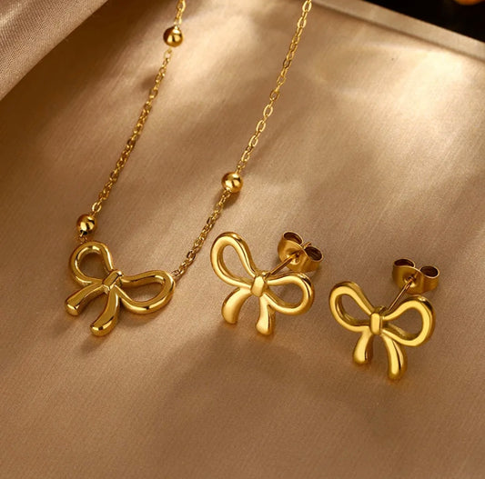 Golden Bow Set – Necklace & Stud Earrings Duo
