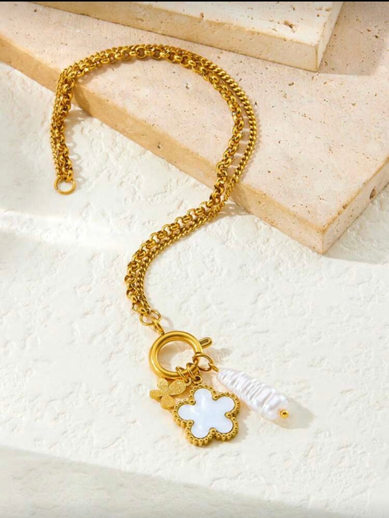 Gold Clover & Pearl Charm Bracelet – 18K Gold Plated Double Chain