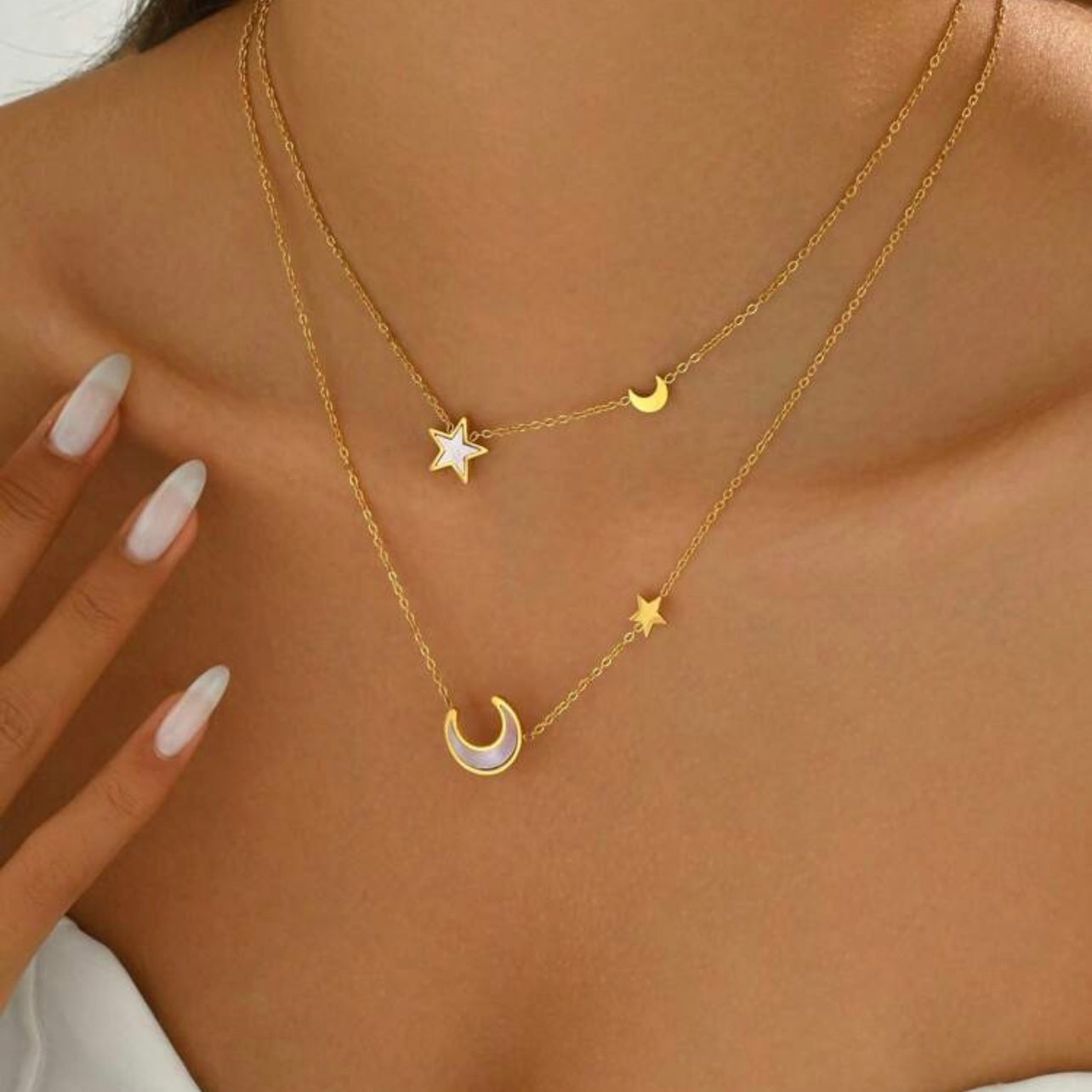 Moon & Star Layered Necklace – 18K Gold Plated Celestial Pendant