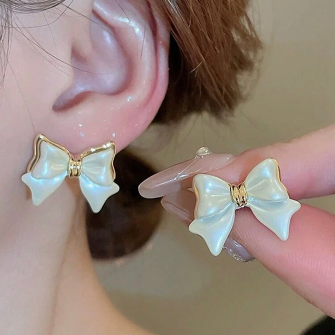 Pearl Bow Stud Earrings for Women – Elegant Gold-Trimmed Dainty Earrings