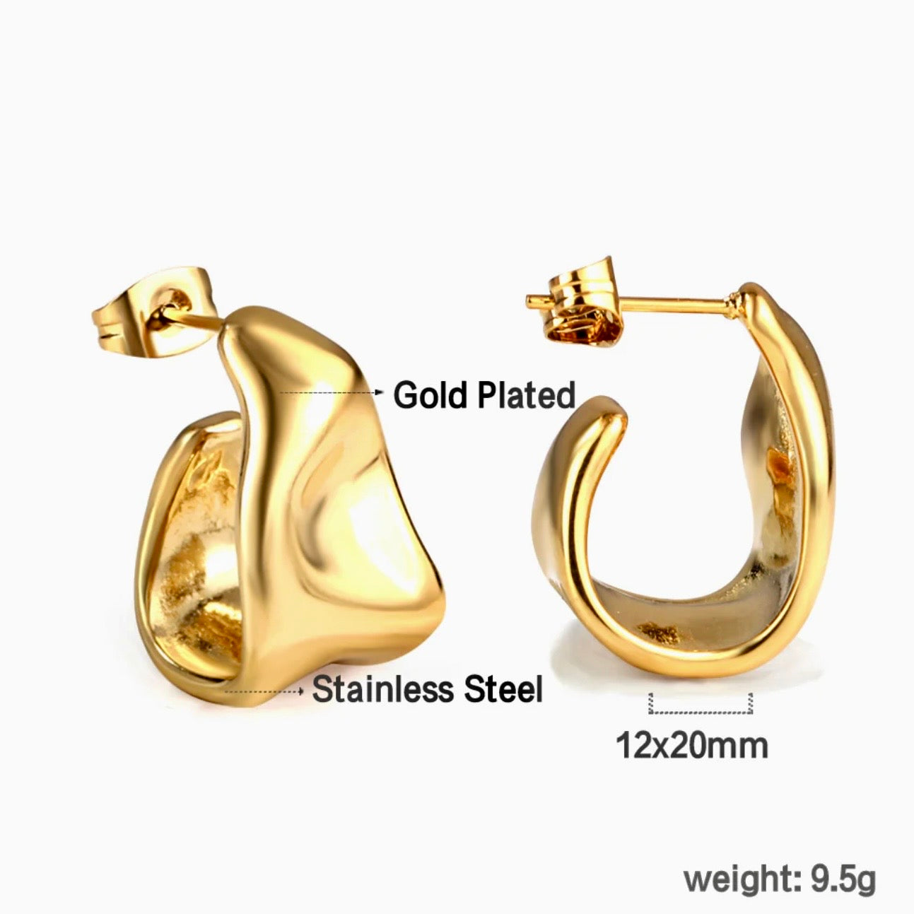 18K Gold Plated Sculptural Hoop Stud Earrings – Hypoallergenic Stainless Steel