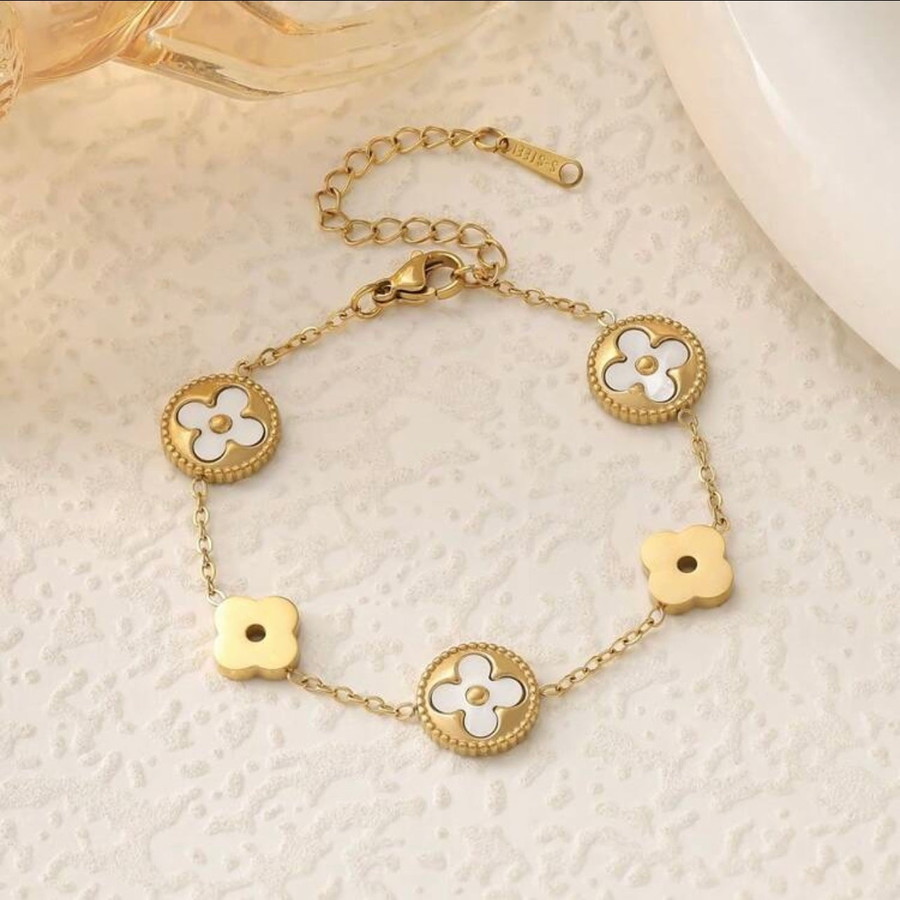 Gold & Pink Clover Heart Bracelet Stack – 4 Piece Layered Luxury Set