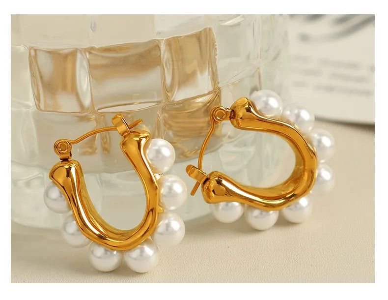 14K Gold Plated Simple U Shape Style Artificial Pearls Stainless Steel Ear Studs