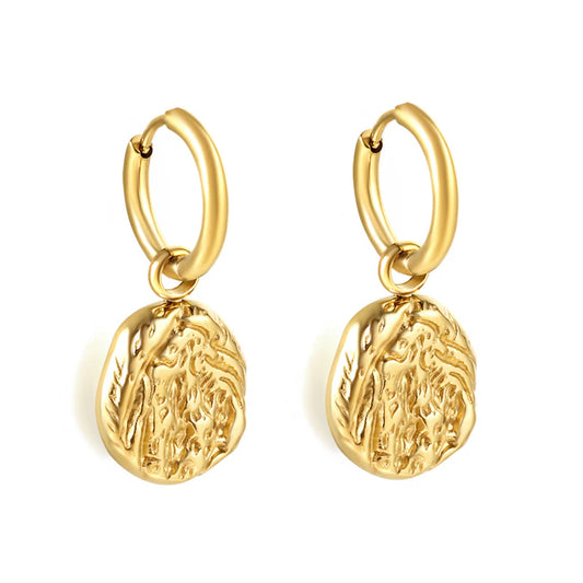 Textured Gold Coin Drop Hoop Earrings – 18K Gold Plated Stainless Steel