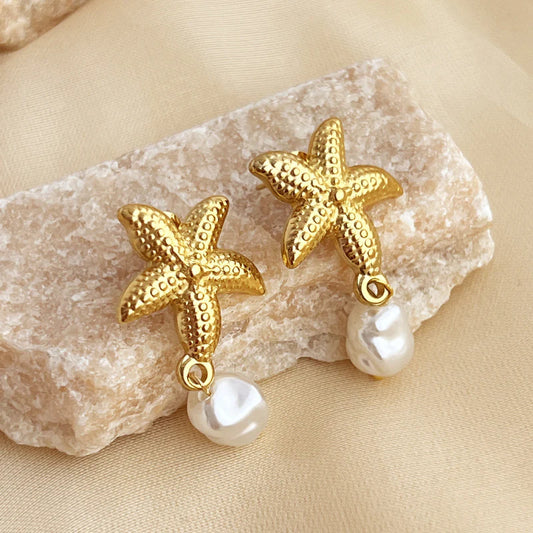 Gold Starfish & Seashell Pearl Drop Earrings – Ocean-Inspired Jewelry