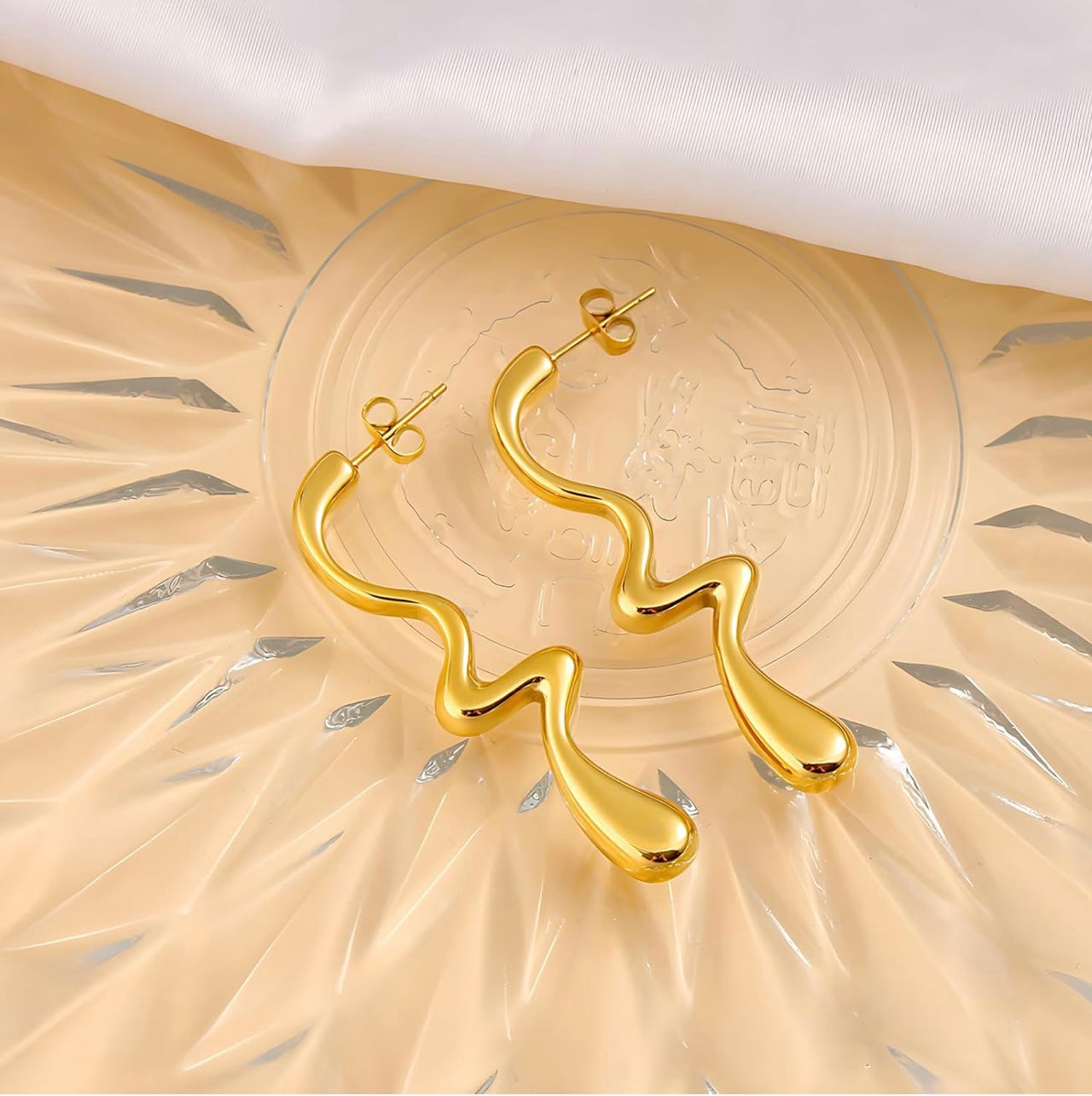 18K Gold Plated Wavy Drop Earrings | Abstract Statement Earrings Stainless Steel
