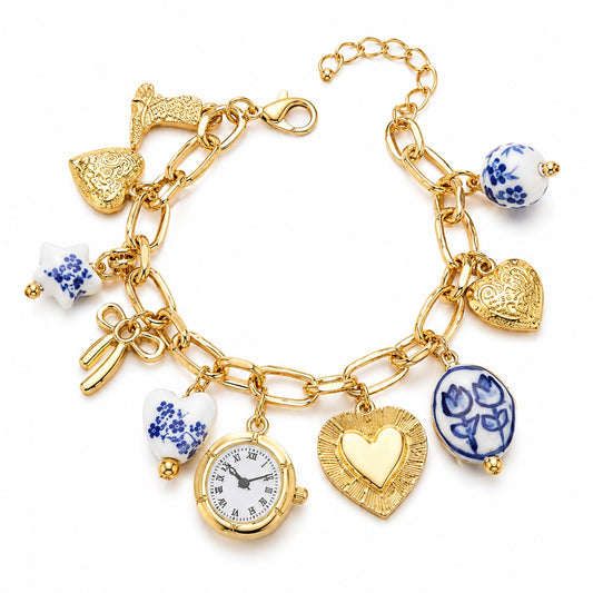 Gold Plated Vintage Blue Porcelain Charm Bracelet