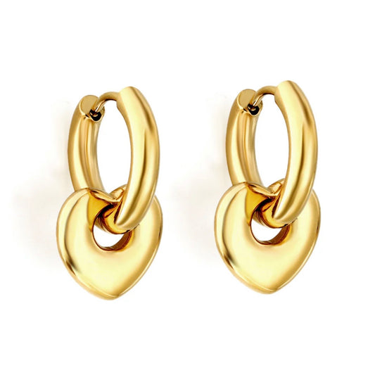 18K Gold Plated Heart Drop Hoop Earrings | Stainless Steel Minimalist Hoops