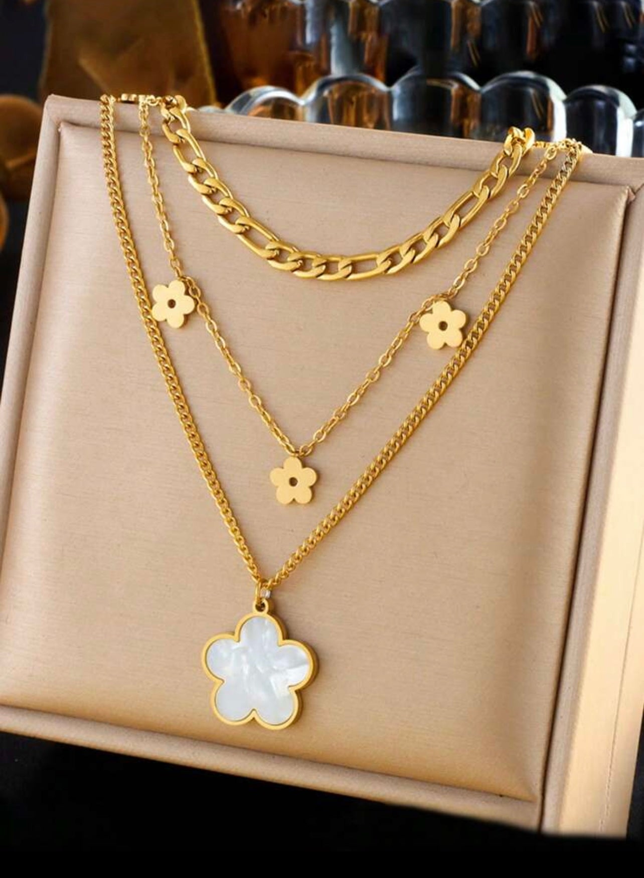 Gold Clover Layered Necklace – Elegant 3-Layer Chain with Flower Charms