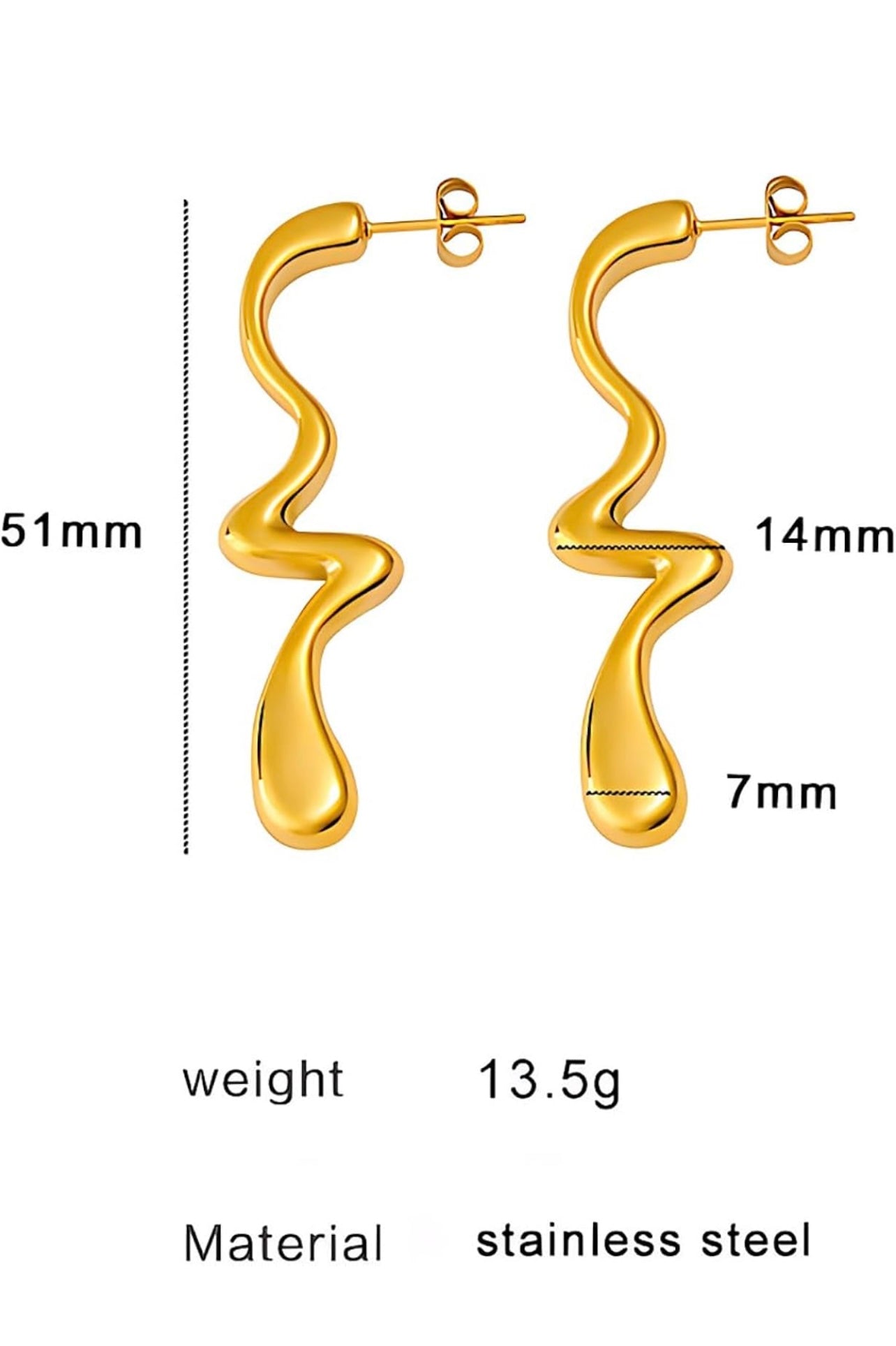 18K Gold Plated Wavy Drop Earrings | Abstract Statement Earrings Stainless Steel