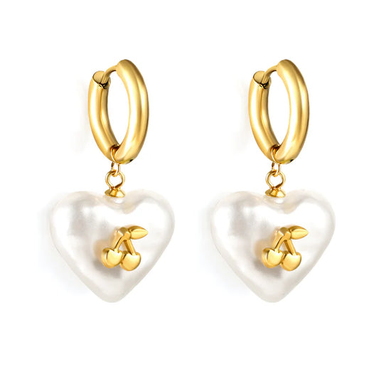 Heart Pearl Cherry Earrings – 18K Gold Waterproof & Hypoallergenic