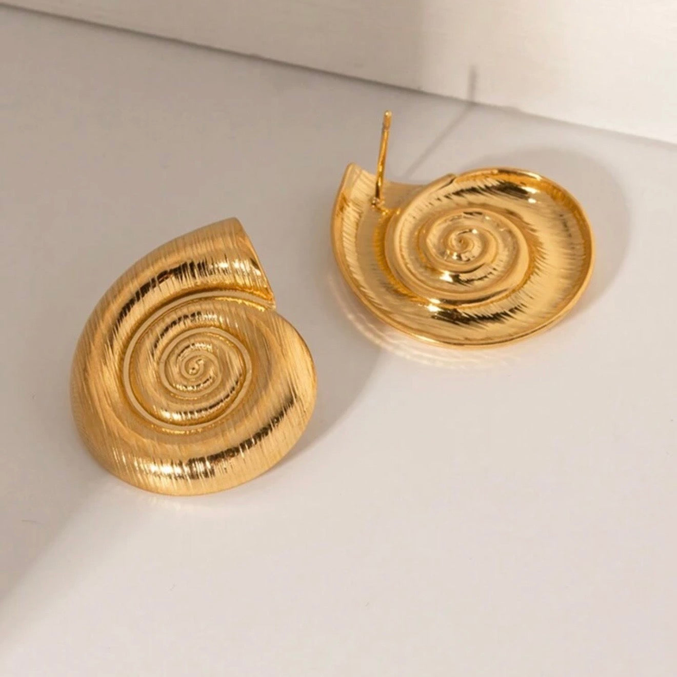 18K Gold Plated Stainless Steel Spiral Shell Stud Earrings | Waterproof Statement Jewelry