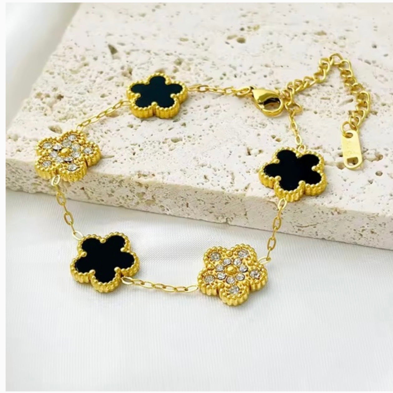 Black Clover & Crystal Gold Bracelet – Luxury Charm Bracelet