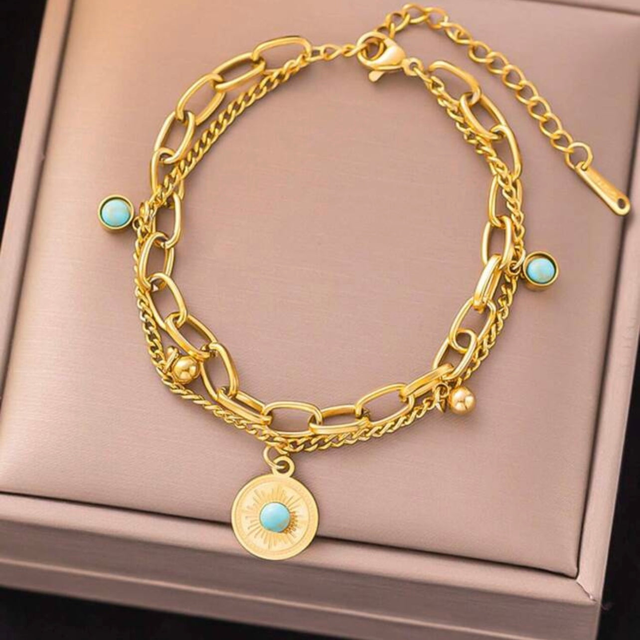 Gold Layered Turquoise Charm Bracelet | Double Chain Boho Sun Pendant Bracelet