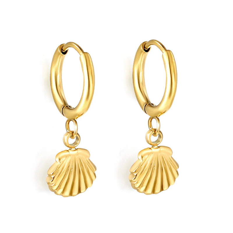 Gold Plated Shell Drop Hoop Earrings – Stainless Steel Dangle Jewelry