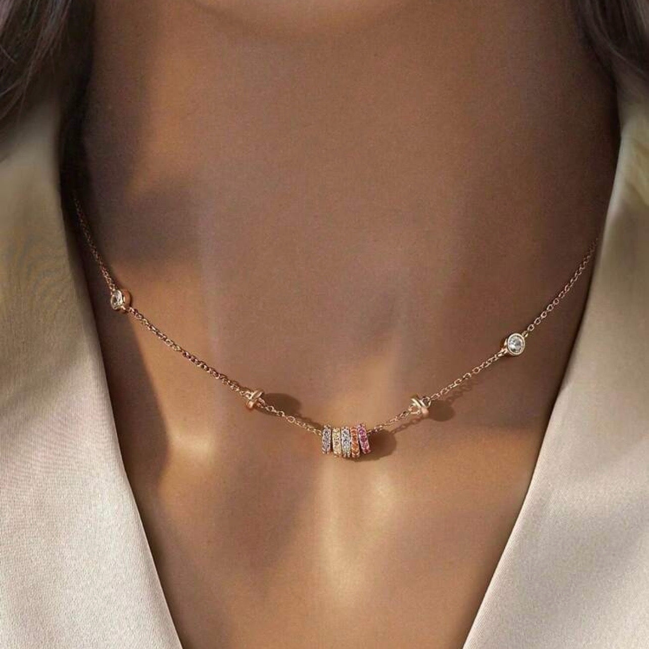 Rainbow Crystal Bead Necklace – 18K Gold Plated Dainty Chain