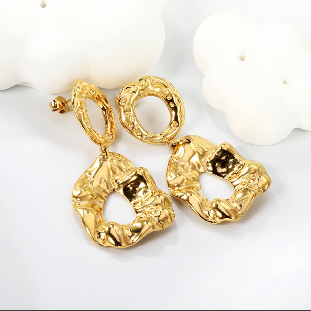 Textured Gold Statement Drop Earrings – 18K Gold Plated, Bold Irregular Metal Design