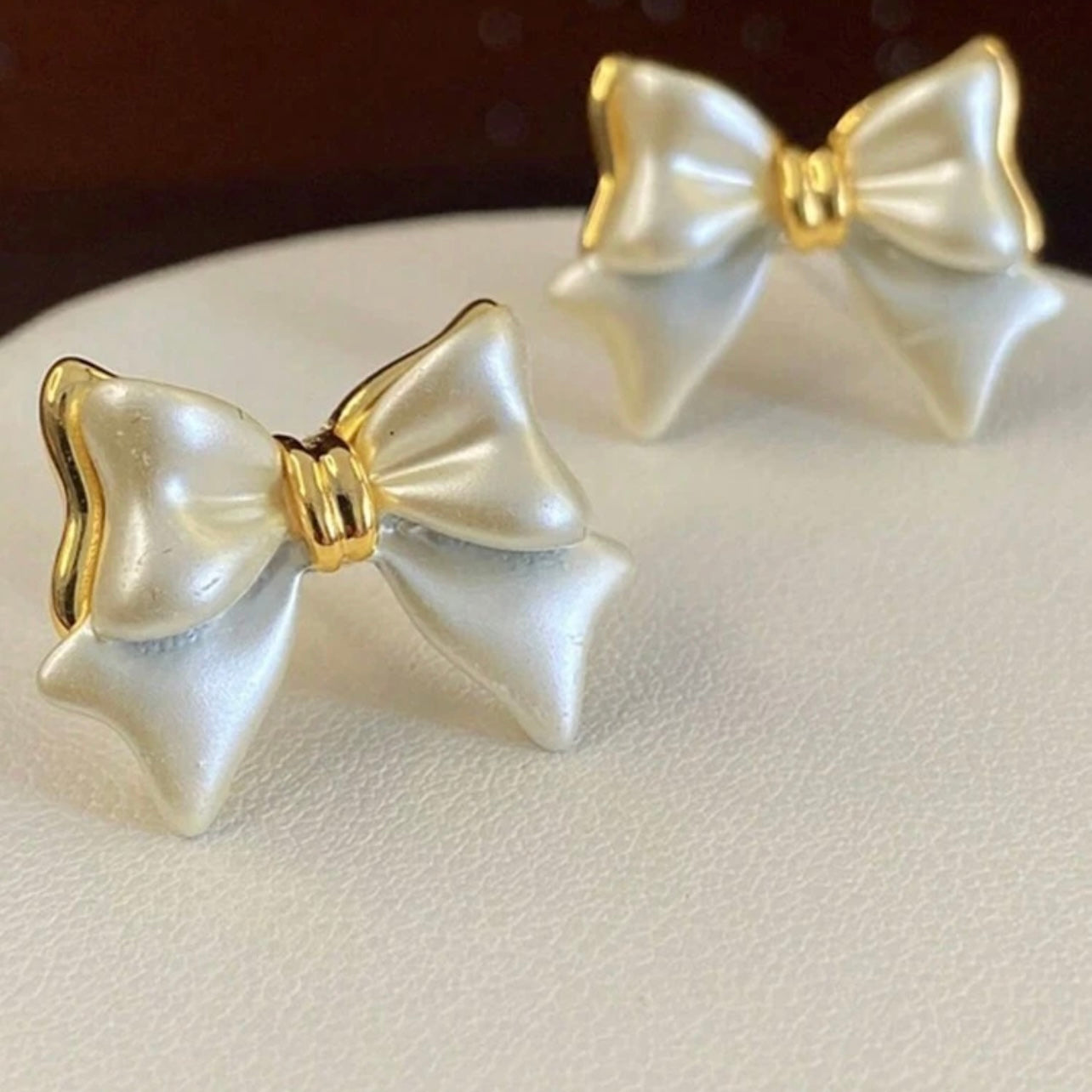 Pearl Bow Stud Earrings for Women – Elegant Gold-Trimmed Dainty Earrings