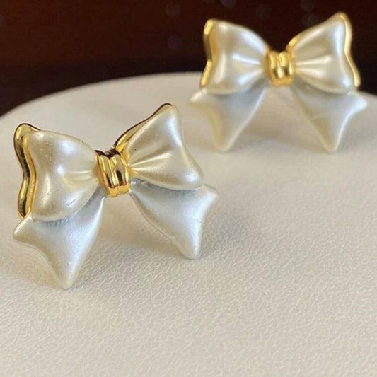 Pearl Bow Stud Earrings for Women – Elegant Gold-Trimmed Dainty Earrings