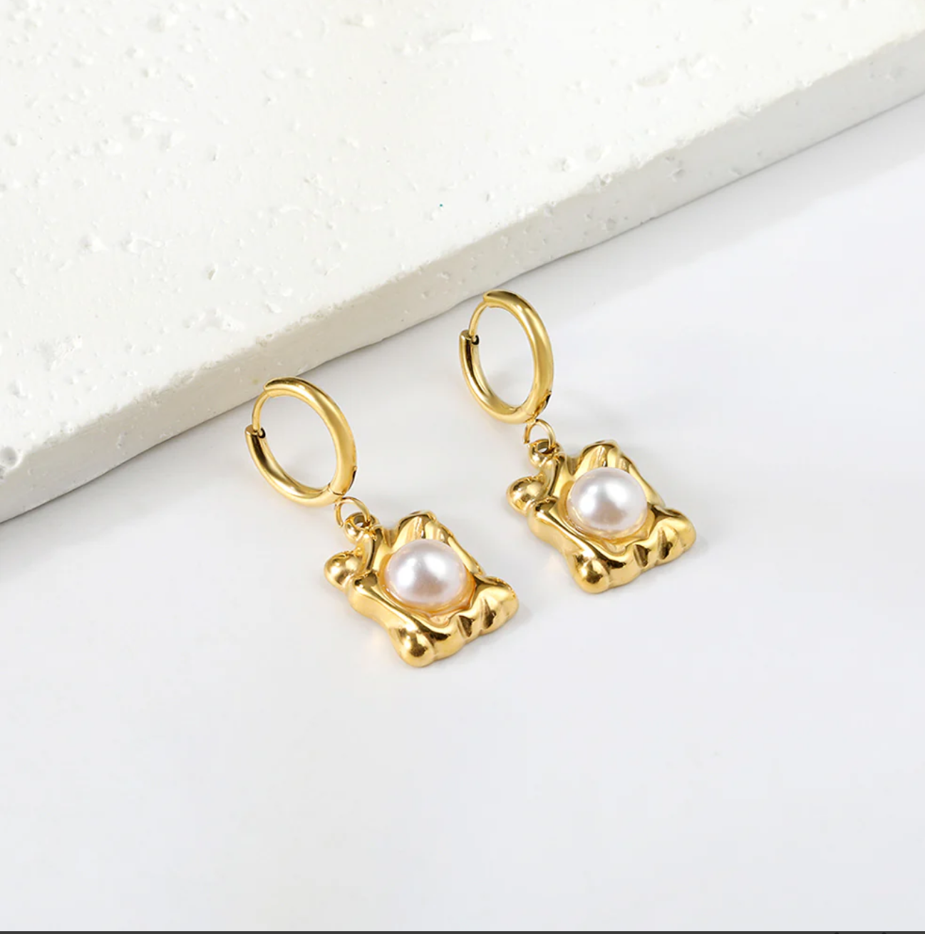 Gold Plated Pearl Drop Hoop Earrings – Stainless Steel Dangle Jewelry