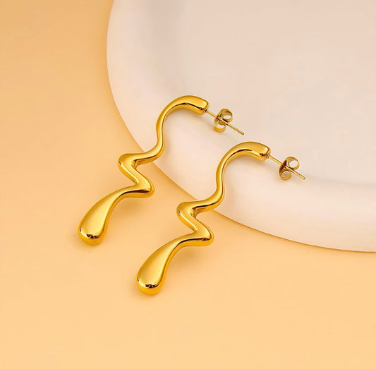 18K Gold Plated Wavy Drop Earrings | Abstract Statement Earrings Stainless Steel