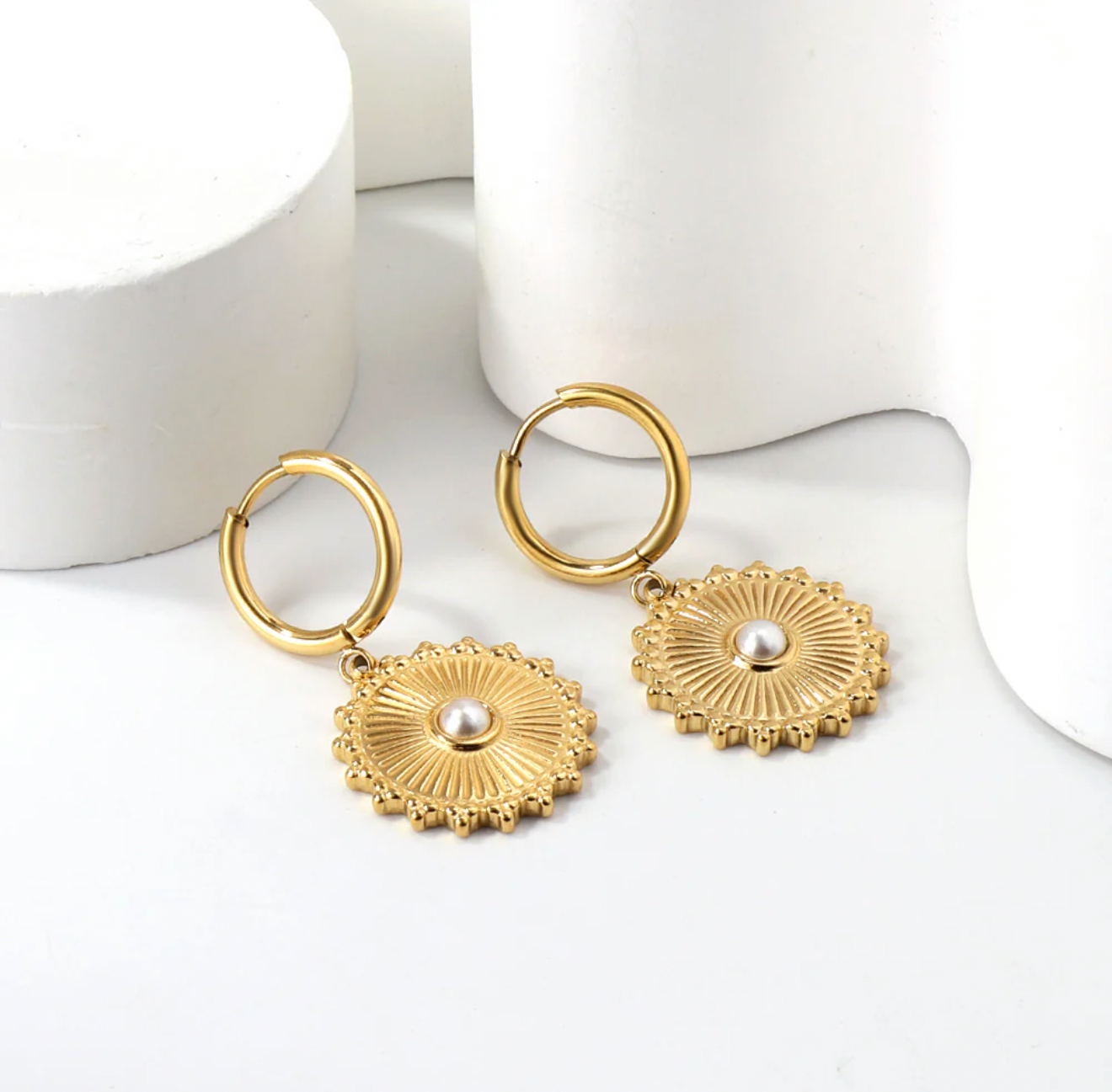 Golden Sun Pearl Drop Hoop Earrings – 18K Gold Plated Stainless Steel