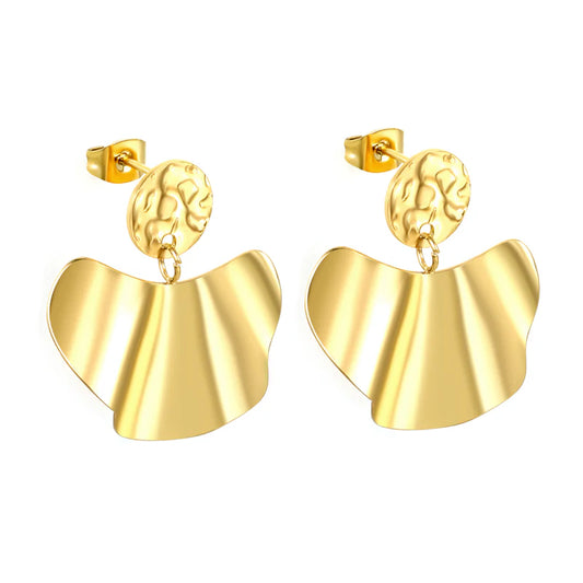 Sculpted Gold Fan Drop Earrings – 18K Gold Plated, Modern Textured Statement Studs
