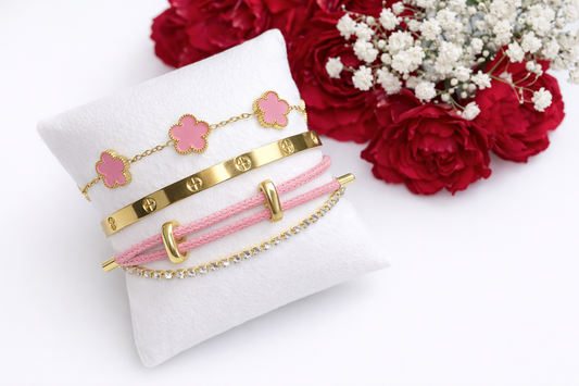 Pink Clover & Gold Luxe Bracelet Stack Set – 4 Piece Layered Bracelet Collection