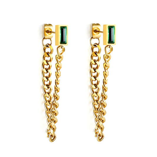Gold Chain Drop Earrings with Emerald-Cut Stone – 18K Gold Plated Stainless Steel