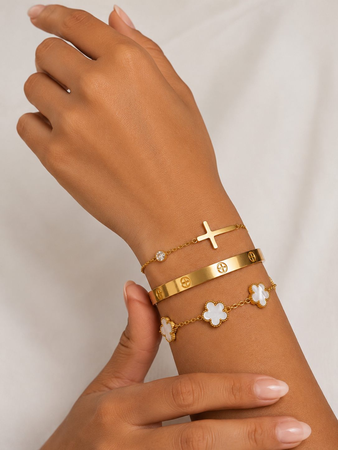Gold Bracelet Stack Set – Cross, Clover & Bangle | Minimalist Layered Bracelet Set
