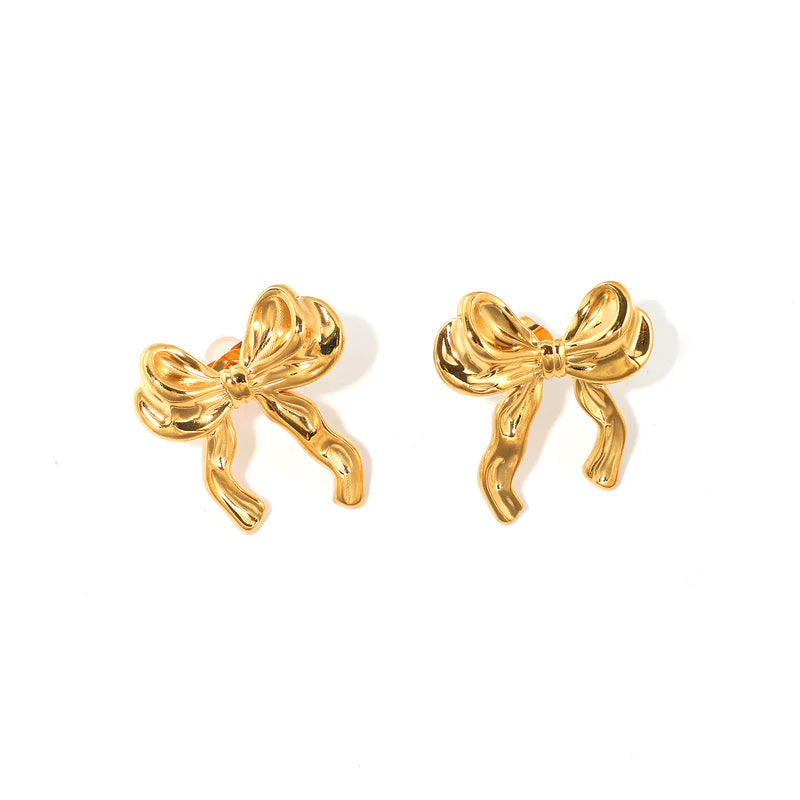 Elegant 18K Gold Bow Ribbon Stud Earrings