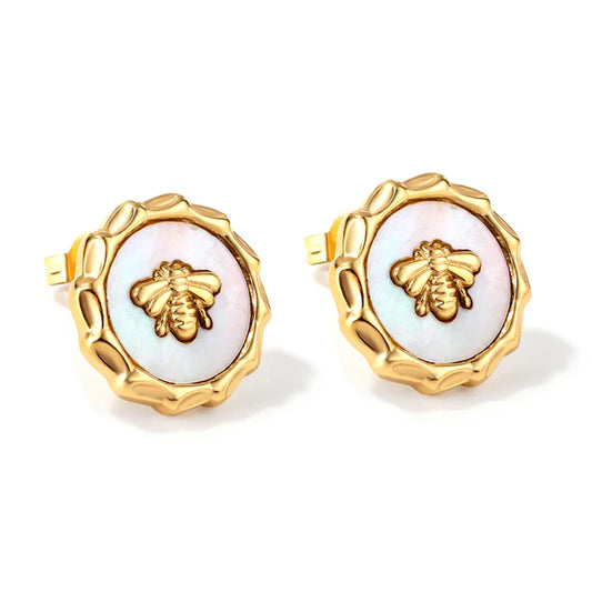 Gold Bee Stud Earrings with Mother-of-Pearl – 18K Gold Plated Stainless Steel