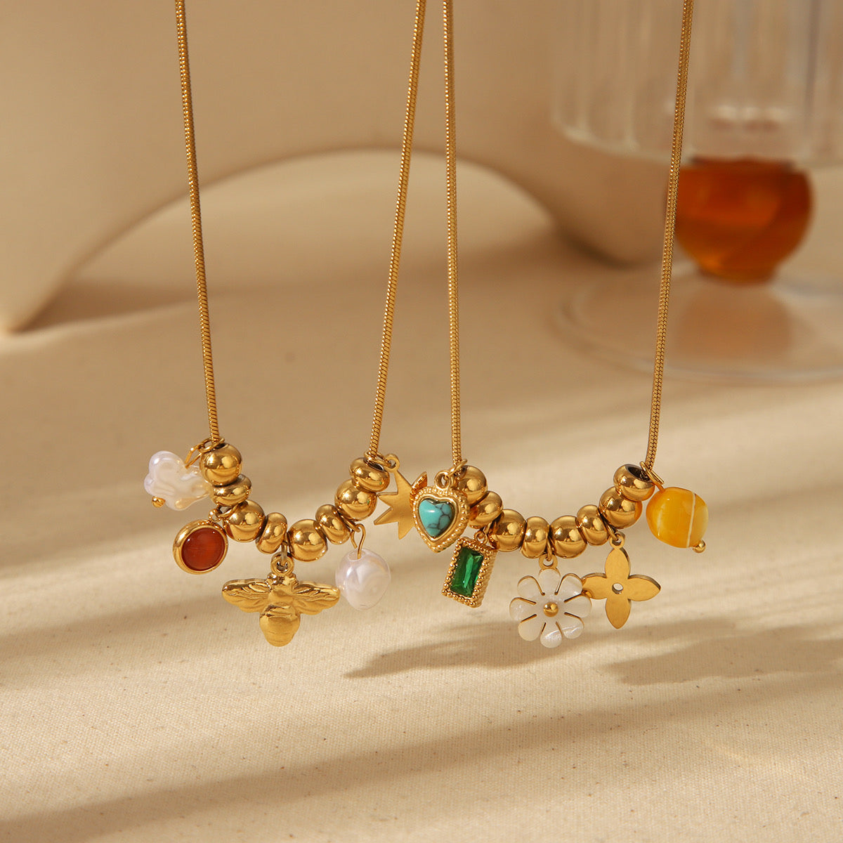 18K Gold Plated Chain with Flower, Heart, and Gem Pendants Stainless Steel