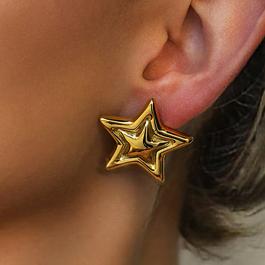 18 K Gold Plated Classic Style Commute Pentagram Earrings Stainless Steel Studs
