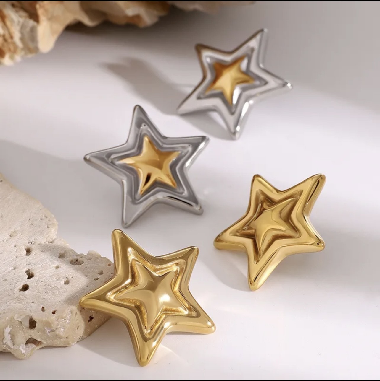 18 K Gold Plated Classic Style Commute Pentagram Earrings Stainless Steel Studs